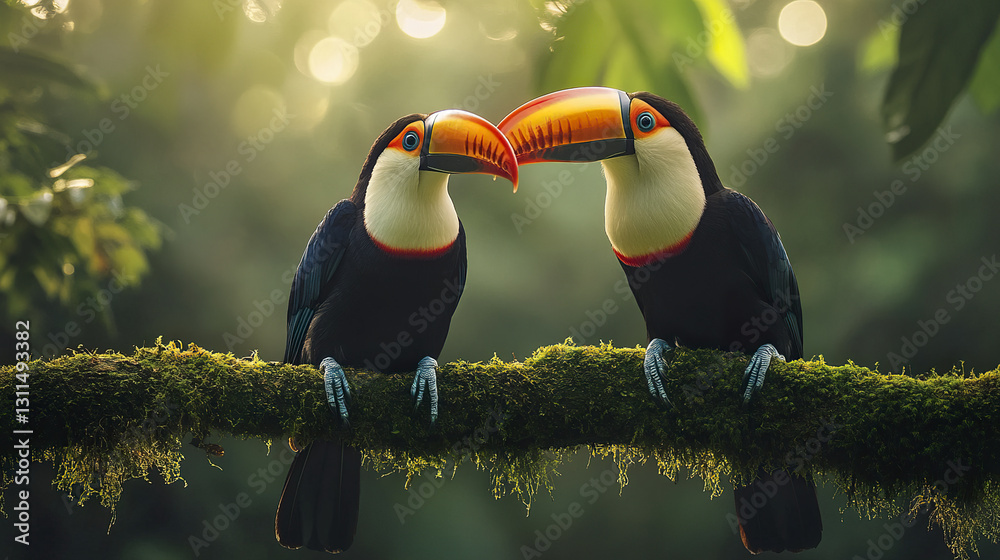 Fototapeta premium Two vibrant toucans perched on mossy branch in lush forest