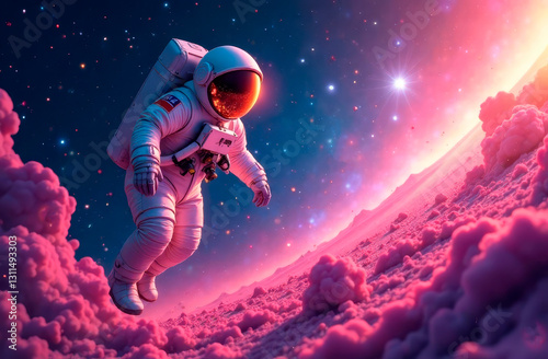 Abstract digital illustration of a cosmic background with pink clouds and an astronaut. A dreamy and futuristic space scene, perfect for branding, posters, social media, and decor.