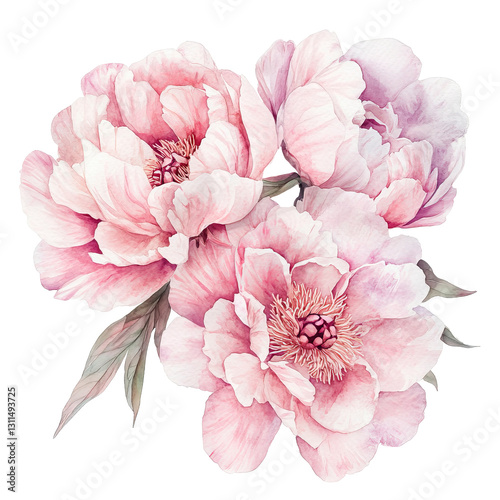 Watercolor illustration of soft pink peonies with delicate petals and lush blooms. Perfect for wedding invitations, branding, or home decor. With gentle brush strokes and pastel tones