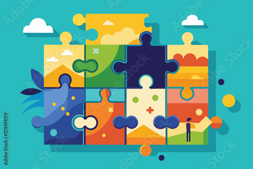 Explore a customizable semi-flat puzzle filled with vibrant colors and playful designs perfect for all ages, Puzzle Customizable Semi Flat Illustration