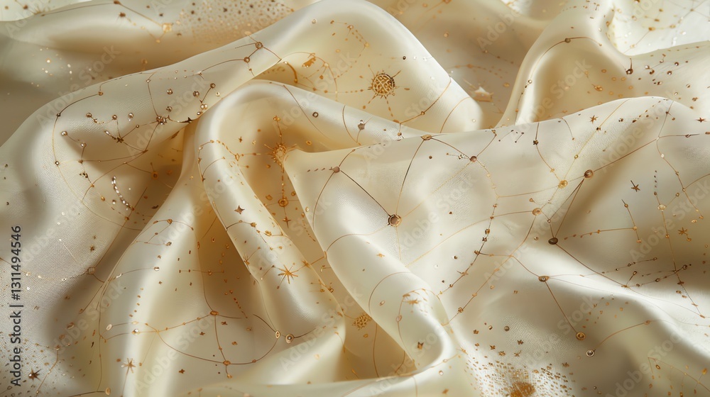 Delicate cream-colored fabric with a subtle gold constellation pattern. Delicate cream-colored fabric with a subtle gold constellation pattern.