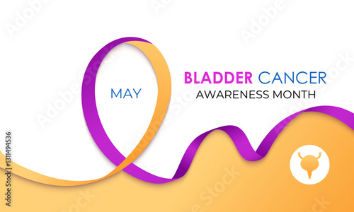 Bladder Cancer Awareness Month is observed every year in May to raise awareness about bladder cancer. Yellow, purple and blue mixed colour cancer awareness Realistic ribbon. Banner design template.