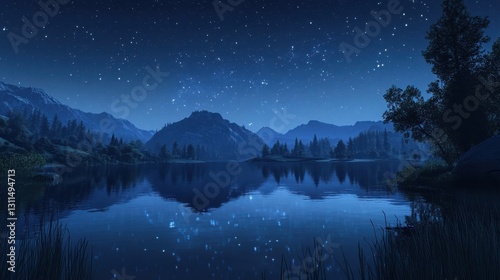 Serene Night Lake with Starry Sky and Mountain Reflections