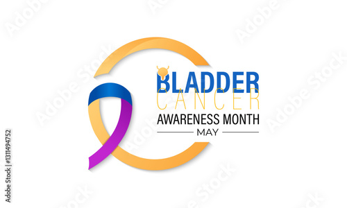 Bladder Cancer Awareness Month is observed every year in May to raise awareness about bladder cancer. Yellow, purple and blue mixed colour cancer awareness Realistic ribbon. Banner design template.