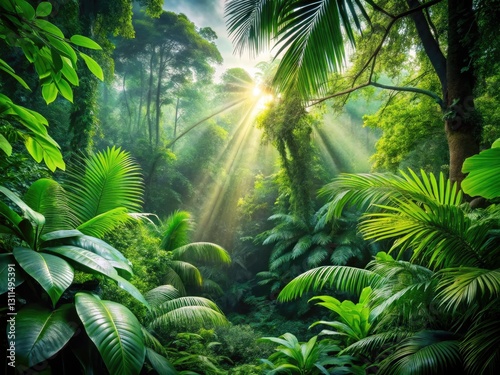 Deep focus reveals lush jungle details; sunlight pierces the dense canopy, illuminating vibrant green foliage.