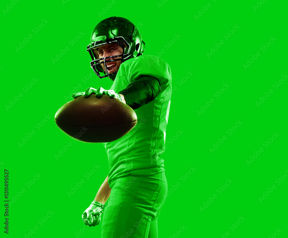 Fototapeta premium Energetic collage. Focused football player offering ball, full green attire merging with monochrome background. Concept of sport, energy and power, challenge, speed, performance.