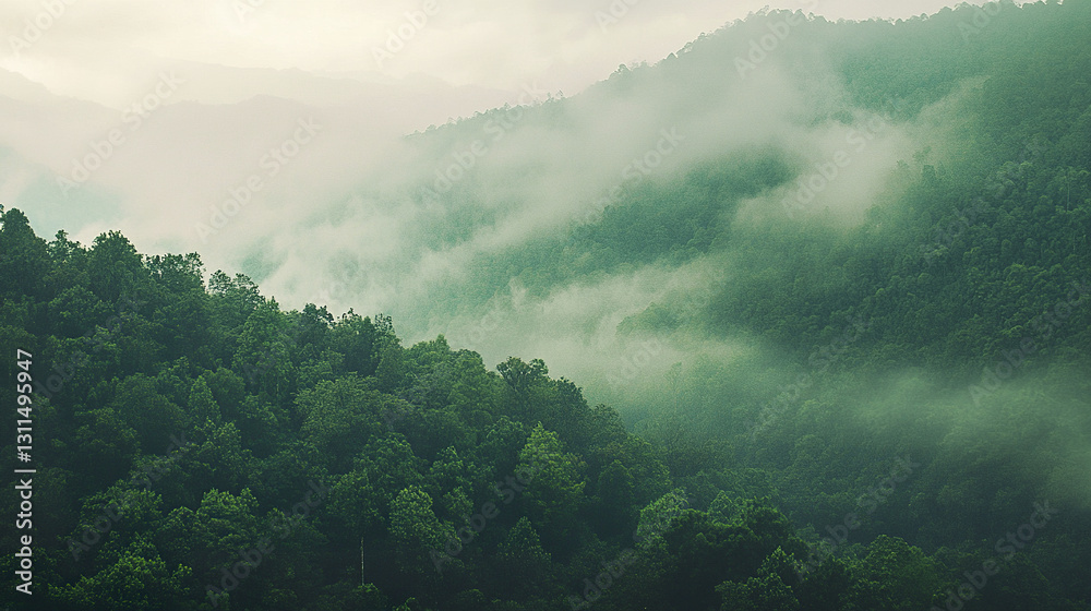 Lush green forest under misty sky, creating serene atmosphere Lush green forest under misty sky, creating serene atmosphere