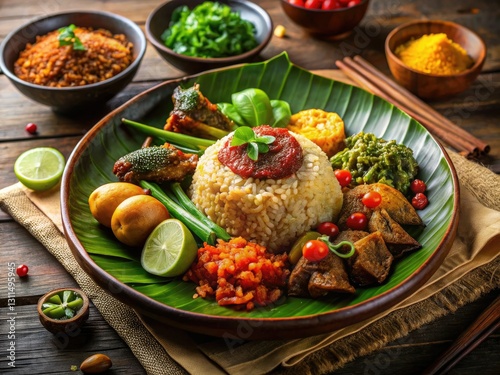 Fototapeta Naklejka Na Ścianę i Meble -  Delicious Nasi Campur, illustrated in a low-light doodle style, showcasing Indonesian cuisine.