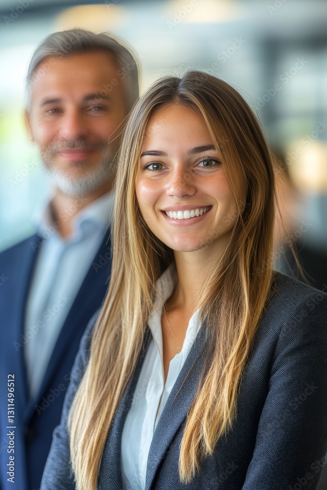Fototapeta premium Young woman with concerned expression in modern office, male colleague in blurred background