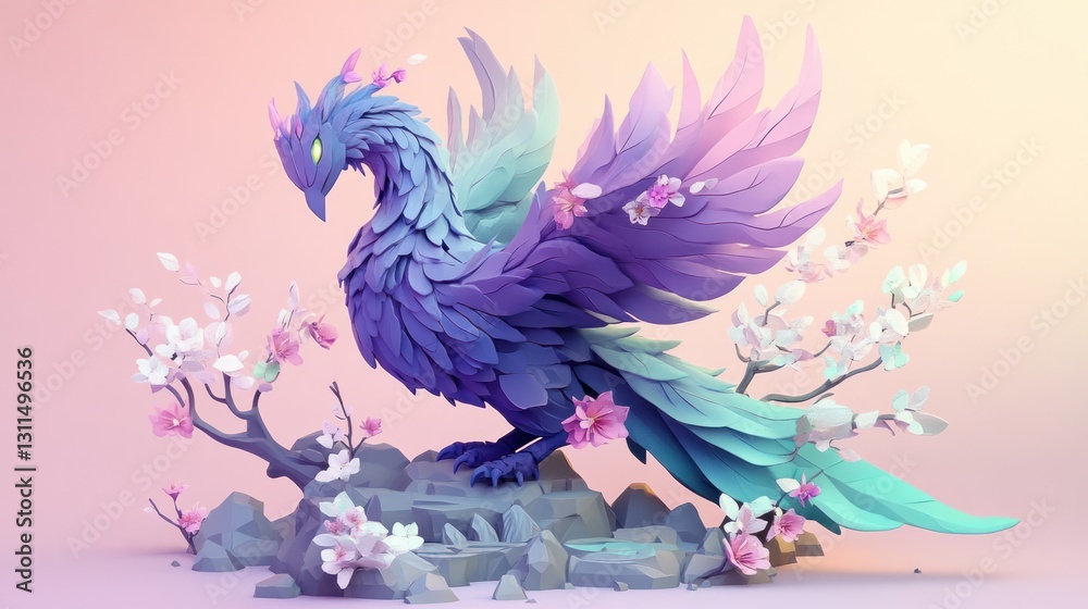 Fototapeta Fantasy phoenix, pastel colors, spring blossoms, rocks, digital art, game design
