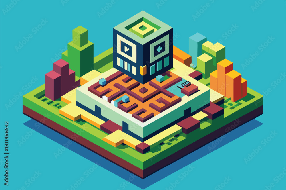 A unique isometric design showcases a customizable QR code surrounded by colorful geometric structures, Qr code Customizable Isometric Illustration A unique isometric design showcases a customizable QR code surrounded by colorful geometric structures, Qr code Customizable Isometric Illustration