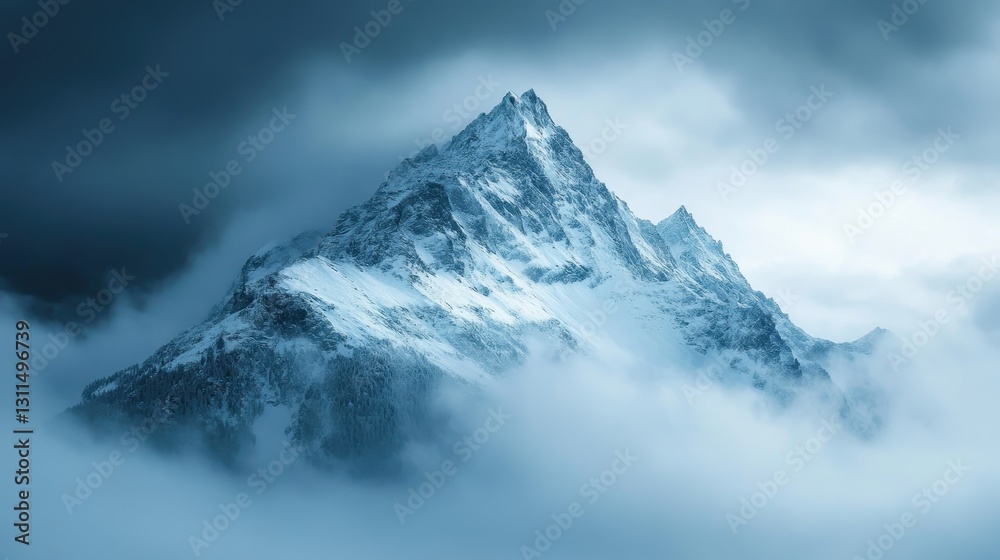 Snowy Mountain Peak Emerging from Clouds Dramatic Winter Landscape Snowy Mountain Peak Emerging from Clouds Dramatic Winter Landscape