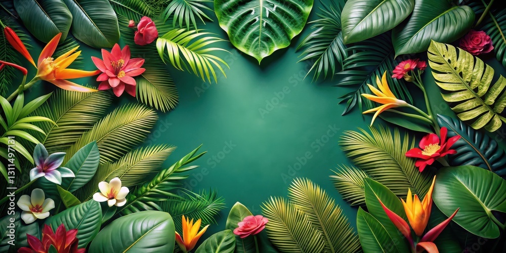 Naklejka premium Lush Tropical Floral Arrangement with Vibrant Blooms and Exotic Greenery on a Deep Green Background, Ideal for Decorative or Design Purposes