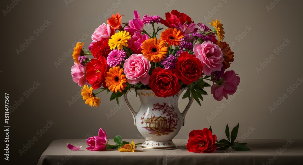 Fototapeta premium Vibrant Bouquet in Vintage Urn: A Still Life Masterpiece