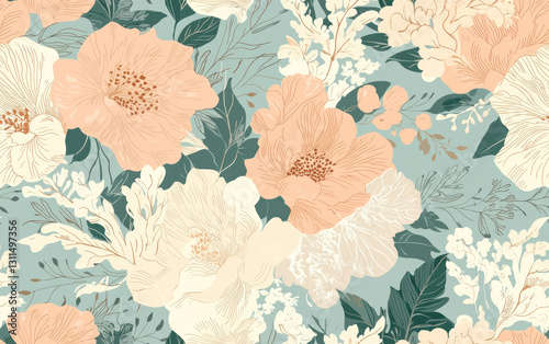 Wallpaper Mural Floral Pattern with Peach, Beige, and White Flowers on a Teal Background Torontodigital.ca