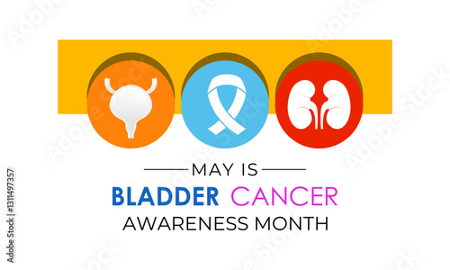 Bladder Cancer Awareness Month is observed every year in May to raise awareness about bladder cancer. Yellow, purple and blue mixed colour cancer awareness Realistic ribbon. Banner design template.