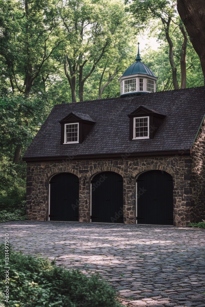 Obraz premium Charming stone garage nestled in a lush forest with a cupola, showcasing rustic architecture and natural beauty during the day
