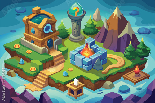 A colorful game setting features unique structures, pathways, and a central mystery to engage players in adventure, Quest game concept,