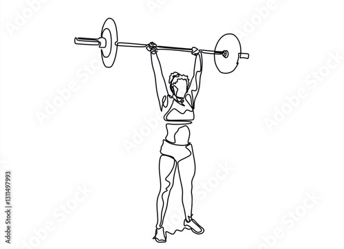 continuous line drawing of young strong weightlifter woman preparing for barbell workout in gym
