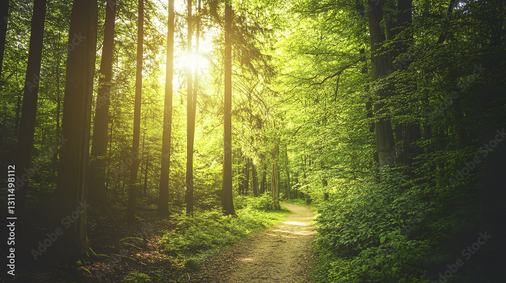 Fototapeta premium Sunlight filters through vibrant green forest, illuminating winding path