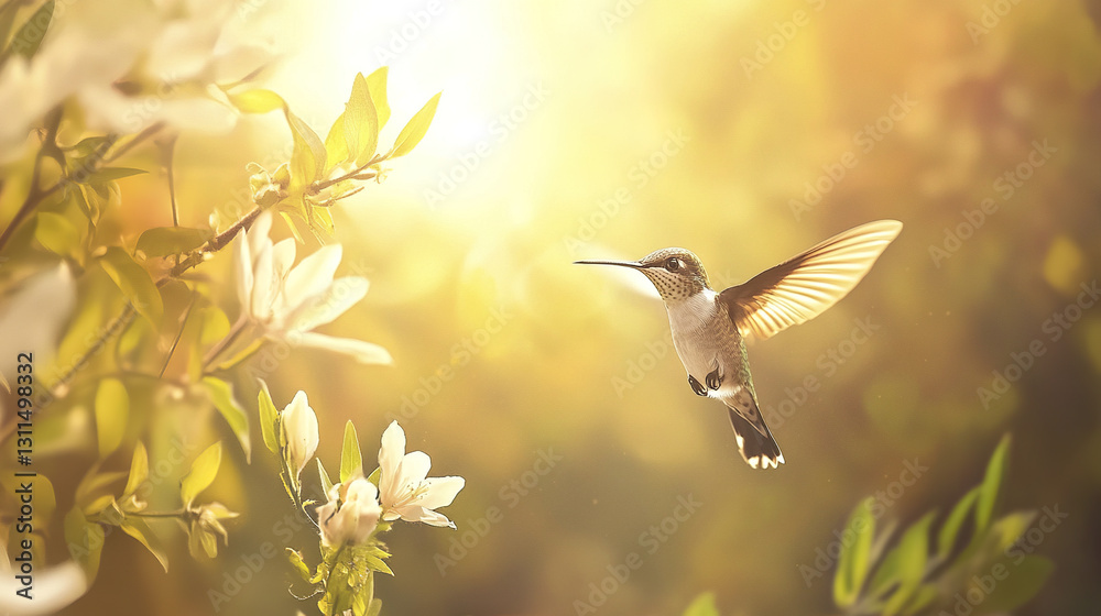Fototapeta premium Hummingbird gracefully hovering near blooming flowers in sunlight