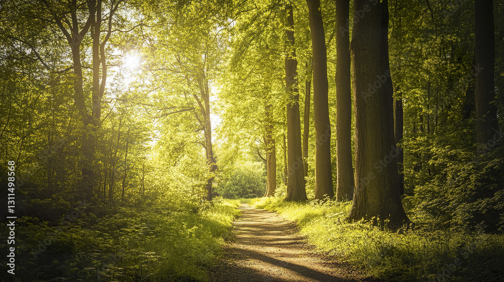 Fototapeta premium Sunlit forest path with tall trees and lush greenery