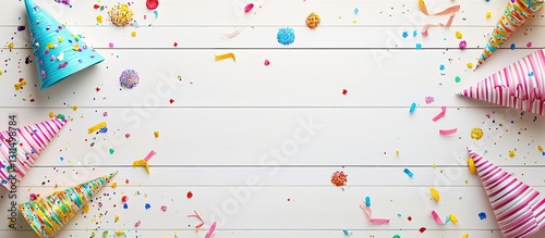 Colorful birthday party backdrop with blue striped and pink party hats, vibrant confetti scattered on white wooden surface, top view, copy space.