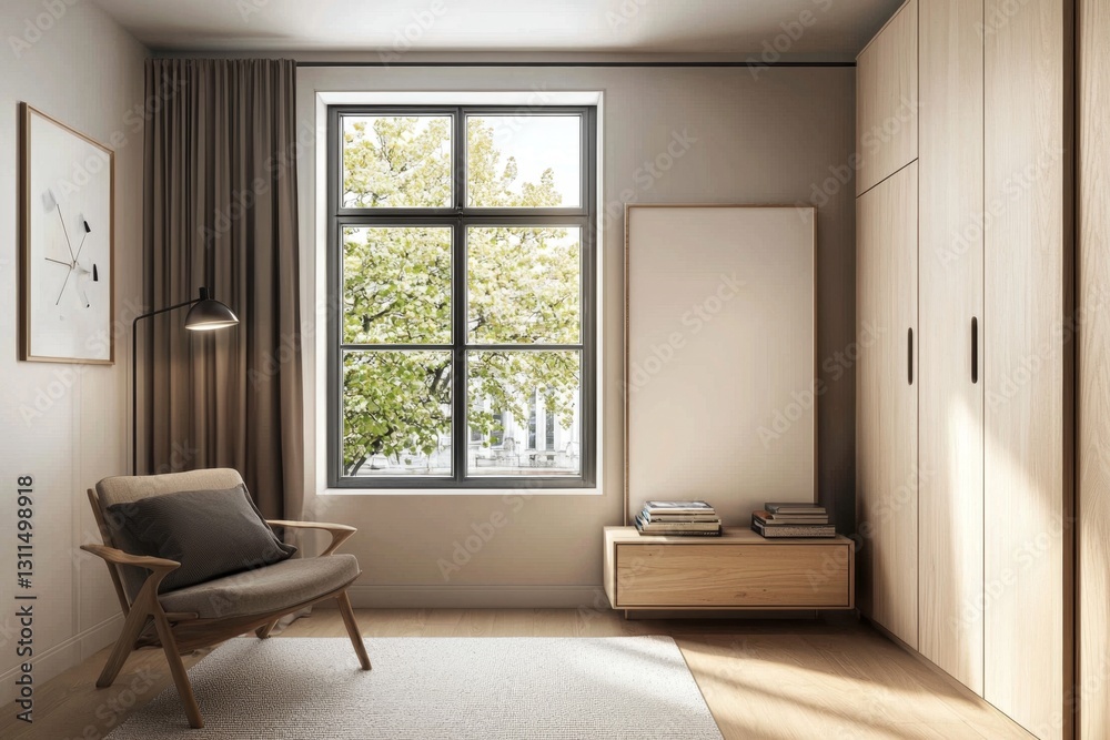 Fototapeta premium Includes a stylish chair, wardrobe, and bookshelf.