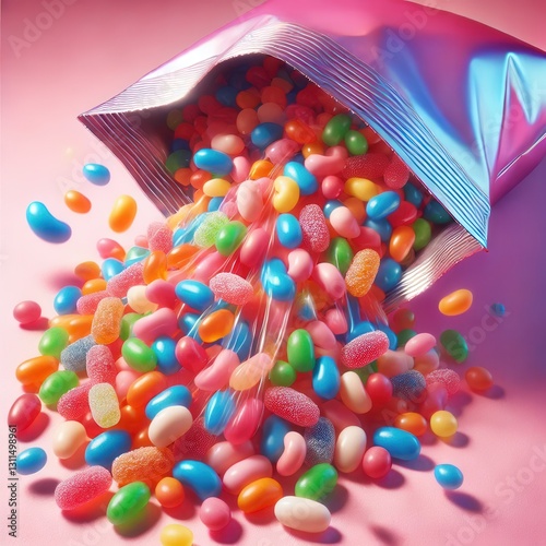 Colorful Jelly Beans Spilling from a Metallic Candy Bag