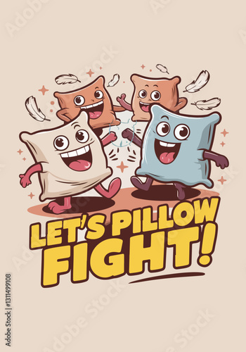 International Pillow Fight Day Vector Illustration | Fun Pillow Battle, T-Shirt Design, Poster, Sticker, Social Media Post, Print Card, Animated GIF | Solid Colors, No Gradients