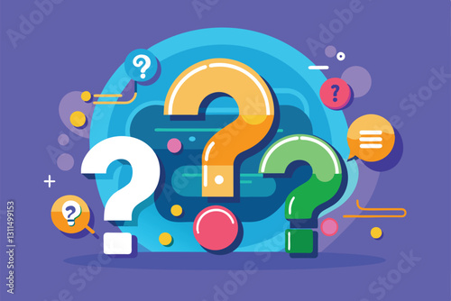 Colorful question marks displayed against a colorful backdrop emphasize curiosity and inquiry in design, Questions Customizable Flat Illustration