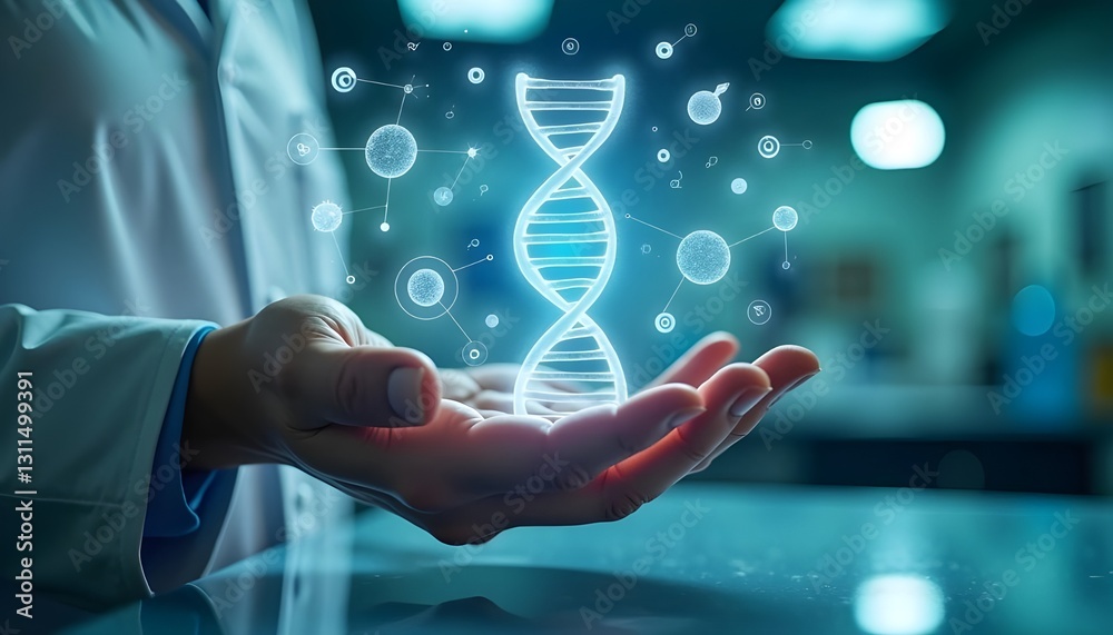 A futuristic hand delicately holds a glowing DNA strand, surrounded by advanced medical technology and biotechnology-inspired holographic elements.