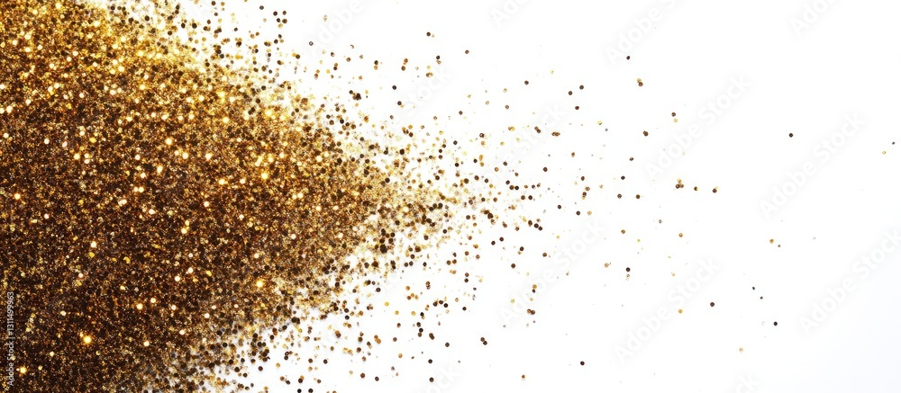 Golden glitter particles cascading diagonally from the top left corner to the bottom right on a pristine white background with ample copy space Golden glitter particles cascading diagonally from the top left corner to the bottom right on a pristine white background with ample copy space