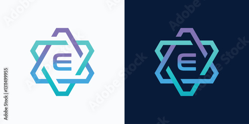 technology logo letter E with hexagon circuit line style for digital, data, connection with purple and blue gradient color