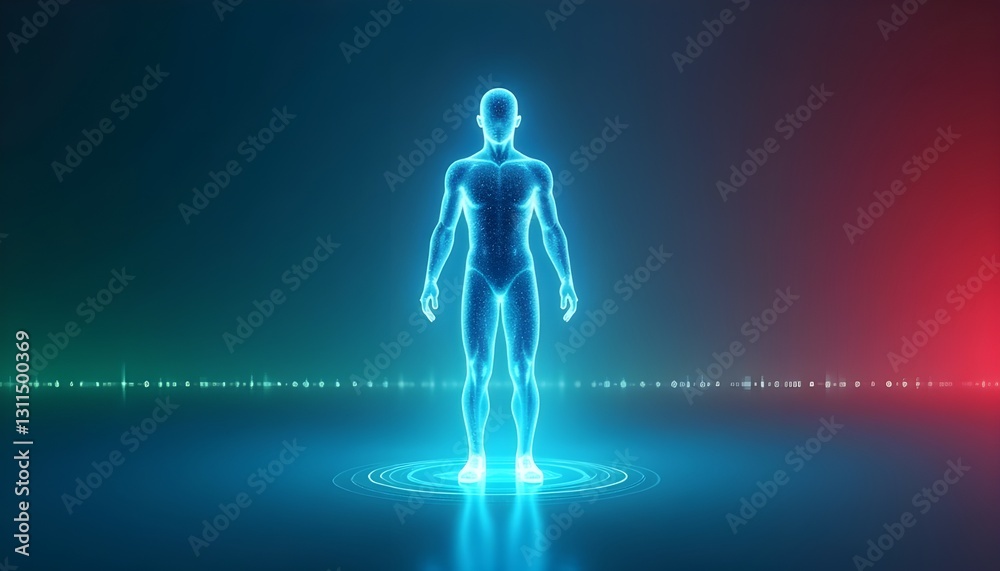 A futuristic neon 3D hologram of a full-length human body stands against a vibrant blue background, offering a digital and innovative representation of human anatomy and technology.