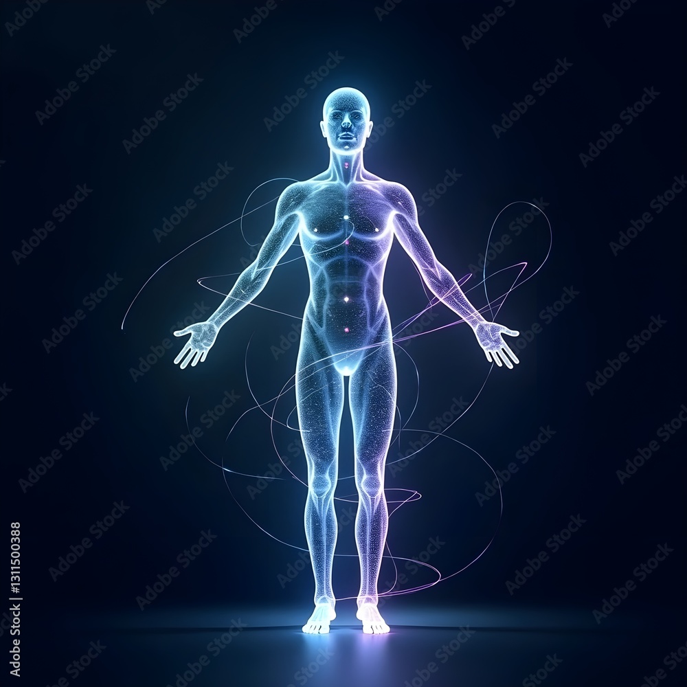 A futuristic neon 3D hologram of a full-length human body stands against a vibrant blue background, offering a digital and innovative representation of human anatomy and technology.