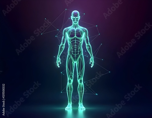 A futuristic neon 3D hologram of a full-length human body stands against a vibrant blue background, offering a digital and innovative representation of human anatomy and technology.

