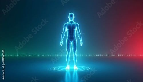 Obraz na płótnie A futuristic neon 3D hologram of a full-length human body stands against a vibrant blue background, offering a digital and innovative representation of human anatomy and technology.
w salonie