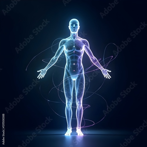 Obraz na płótnie A futuristic neon 3D hologram of a full-length human body stands against a vibrant blue background, offering a digital and innovative representation of human anatomy and technology.
w salonie
