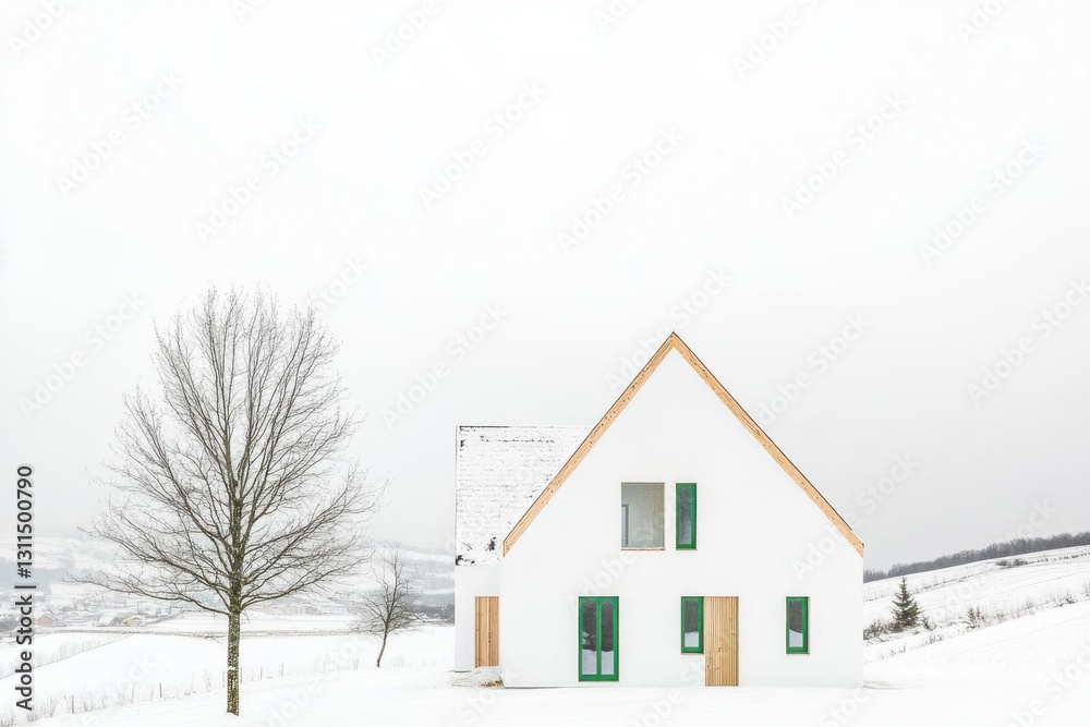 Modern minimalist house situated in a snowy landscape surrounded by rolling hills in winter season, showcasing a blend of architecture and nature's tranquility Modern minimalist house situated in a snowy landscape surrounded by rolling hills in winter season, showcasing a blend of architecture and nature's tranquility