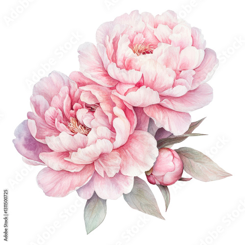 Watercolor illustration of soft pink peonies with delicate petals and lush blooms. Perfect for wedding invitations, branding, or home decor. With gentle brush strokes and pastel tones