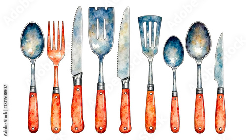 Watercolor illustration of a set of cutlery fork, knife, spoon isolated on a white background. Perfect for restaurant branding, menus, or kitchen decor. Delicate and realistic details