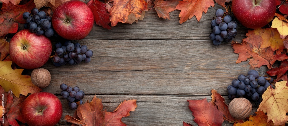 Autumn seasonal frame featuring red apples dark grapes chestnuts and colorful leaves on a rustic weathered wooden background with ample copyspace Autumn seasonal frame featuring red apples dark grapes chestnuts and colorful leaves on a rustic weathered wooden background with ample copyspace