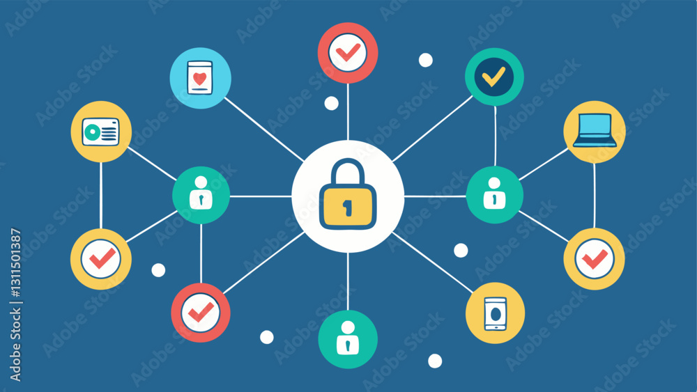 Voting Node Network A digital network of interconnected nodes representing voters with lines showing secure connections. Icons of a padlock and a voting box symbolize security and Voting Node Network A digital network of interconnected nodes representing voters with lines showing secure connections. Icons of a padlock and a voting box symbolize security and
