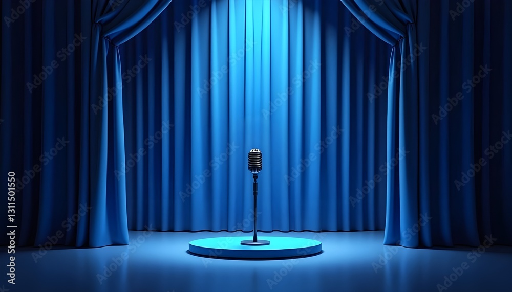 An elegant theater stage features rich red curtains framing a spotlight-lit center stage, where a classic retro microphone stands, evoking the glamour of 1920s America.