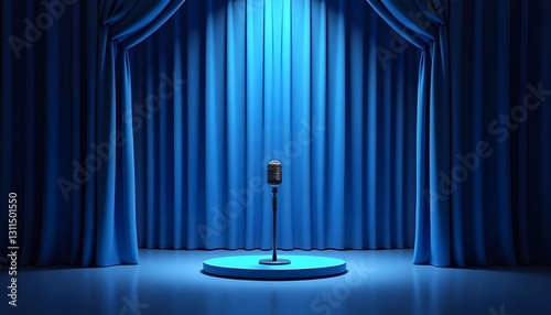 Obraz na płótnie An elegant theater stage features rich red curtains framing a spotlight-lit center stage, where a classic retro microphone stands, evoking the glamour of 1920s America.
w salonie