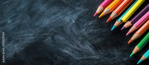 Colorful pencils arranged on the right side of a dark chalkboard surface with subtle texture and ample copyspace for back to school themed designs.