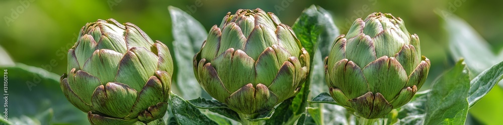 Three Green Artichokes Growing on a Plant, Selective Focus, Organic Farming, Healthy Food Three Green Artichokes Growing on a Plant, Selective Focus, Organic Farming, Healthy Food