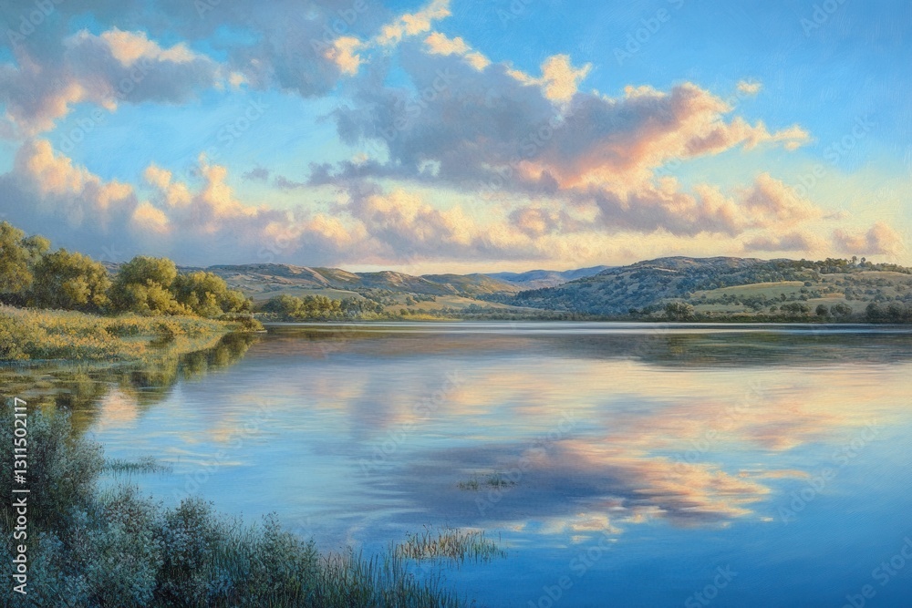 Fototapeta premium Escondido California: Dixon Lake Golden Hour Landscape with Mountain and Water View