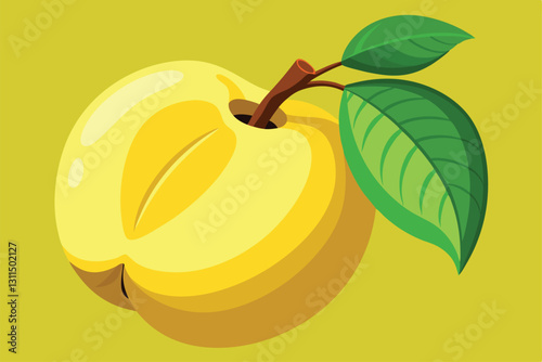 A ripe quince fruit is displayed with its glossy leaves against a bright yellow surface, showcasing its beauty, Quince fruit